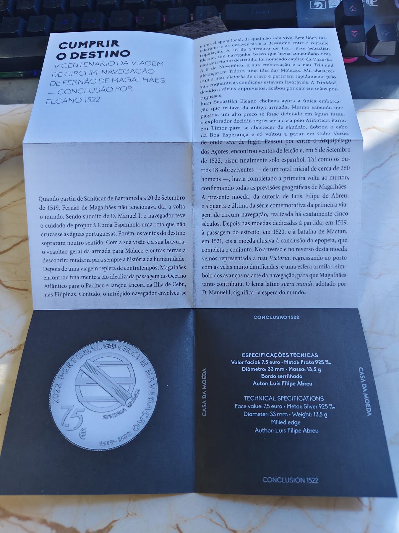 第179期拍卖【长期征集拍品】 葡萄牙2022年麦哲伦环游世界500周年精制纪念银币，925银，13.5克，发行2500枚