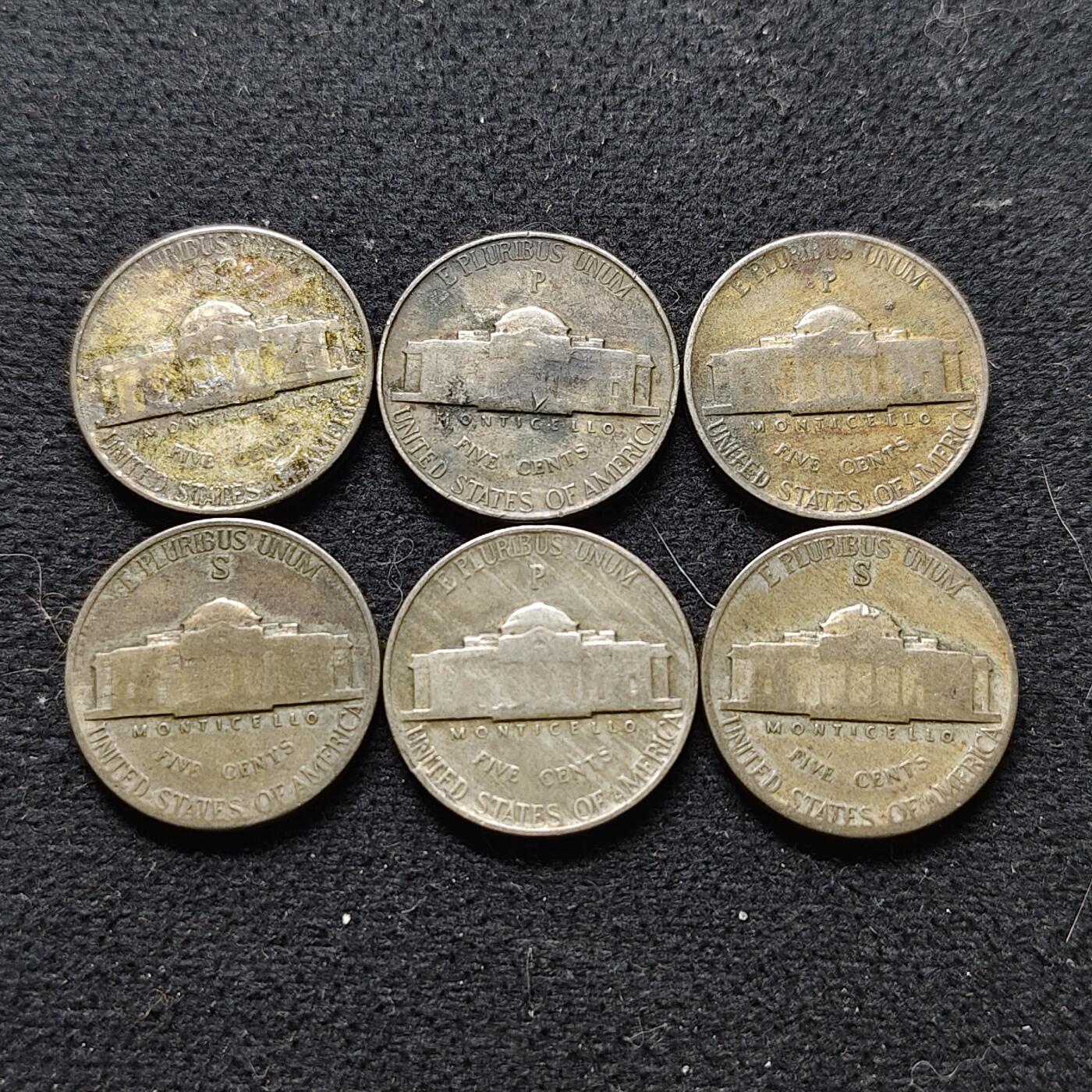 【全场包邮】纯粹捡漏拍472场（免费代拍第9场） 美国1942-1944年杰弗逊5分银币6枚一组