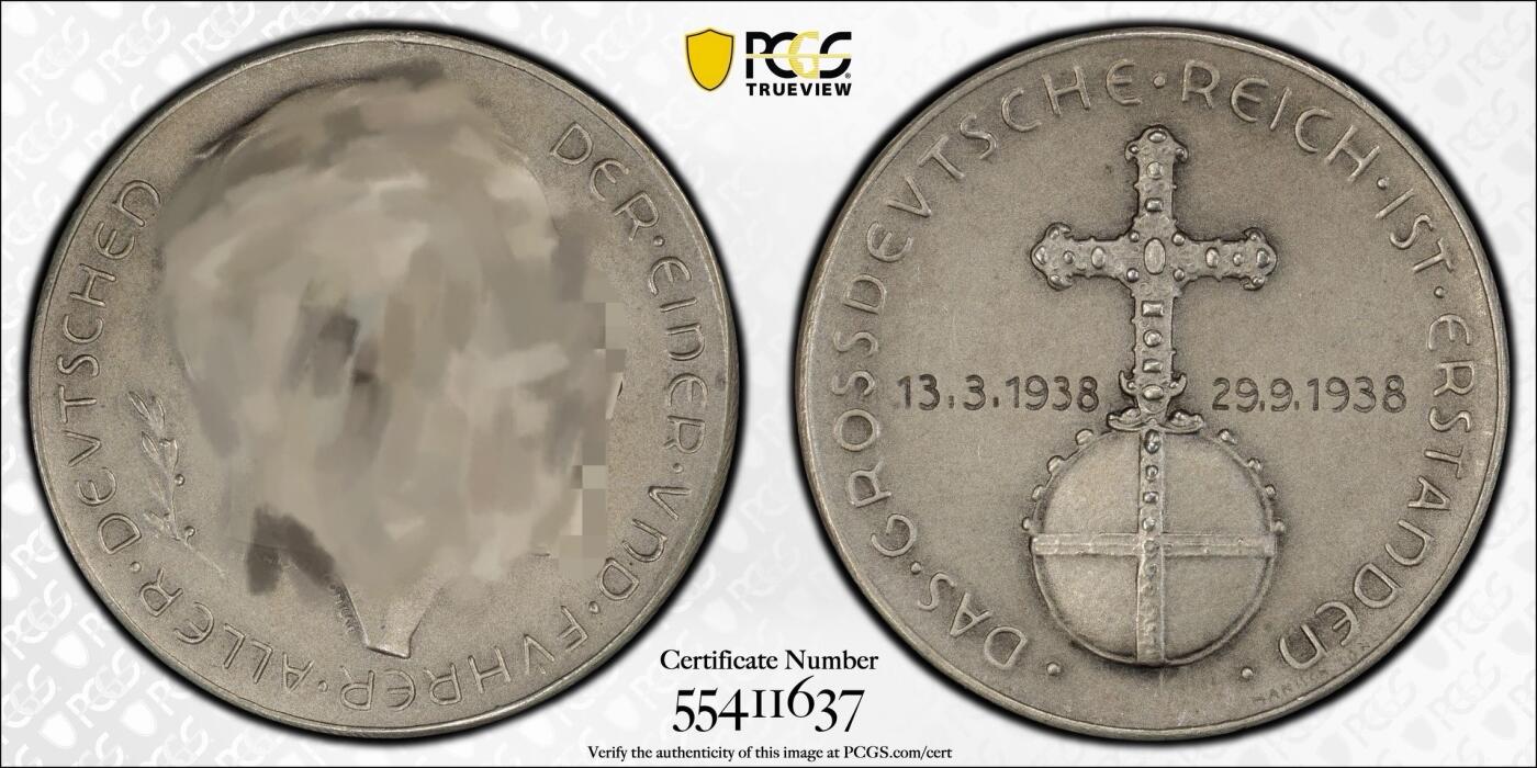 万国钱币拍卖第053期【万国秋季大拍下●周五周六两场连拍】 PCGS SP63 1938年德国民族社会主义工人党纪念吞并奥地利银章 C-114 MATTE磨砂原味包浆 边835 （原图请私信后台或自行查询官网）