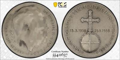 万国钱币拍卖第053期【万国秋季大拍下●周五周六两场连拍】 - PCGS SP63 1938年德国民族社会主义工人党纪念吞并奥地利银章 C-114 MATTE磨砂原味包浆 边835 （原图请私信后台或自行查询官网）