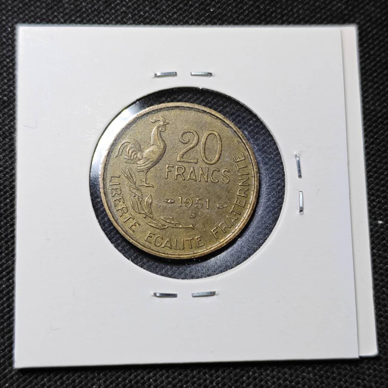 KK钱币收藏小铺  第359场  2月预留时间 周末发货  1951法国20法郎