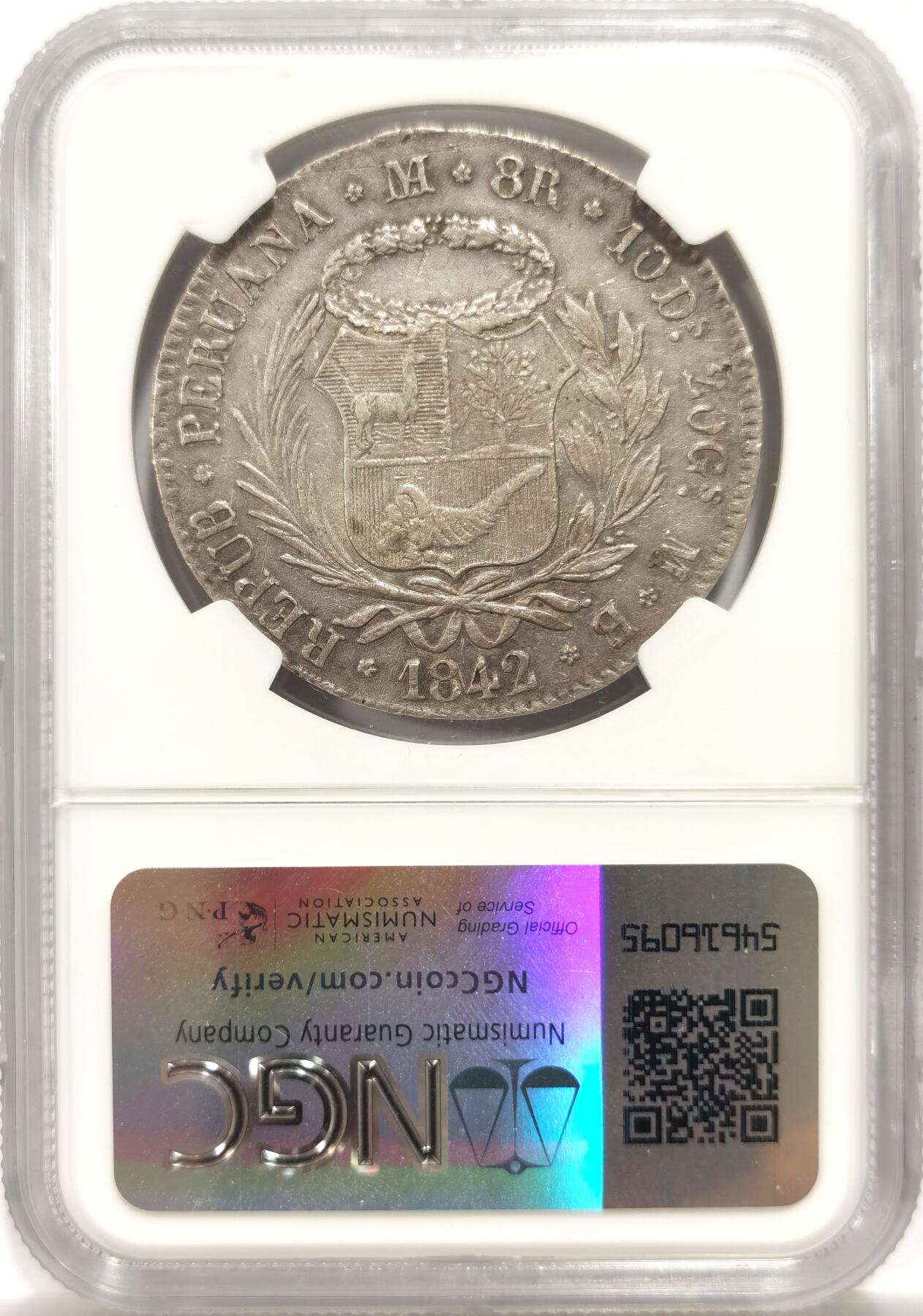 博洋堂世界钱币拍卖第144期（全场包邮） NGC XFD 秘鲁1842年站人银币，原味老包浆，整体打制也非常好，值得收藏。