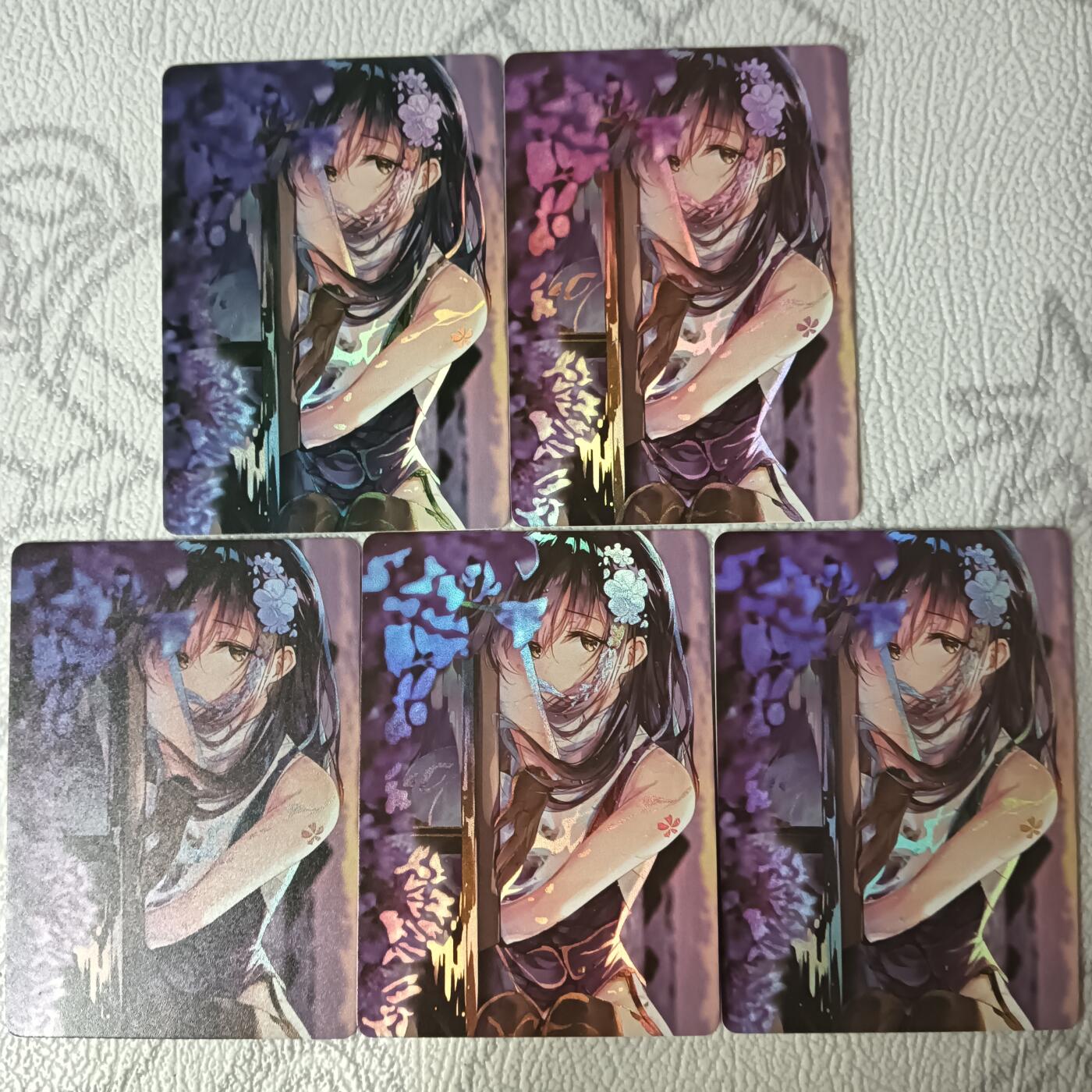 花开卡拍第44期（10月26号周日截拍，品控勿拍!!!拍品不寄存，运费5元，自制卡难免瑕疵，可能存在轻微撞角爆边等出厂瑕疵，品控介意勿拍！） 月牙儿卡牌  紫荆花少女  满赠卡   彩闪   5张