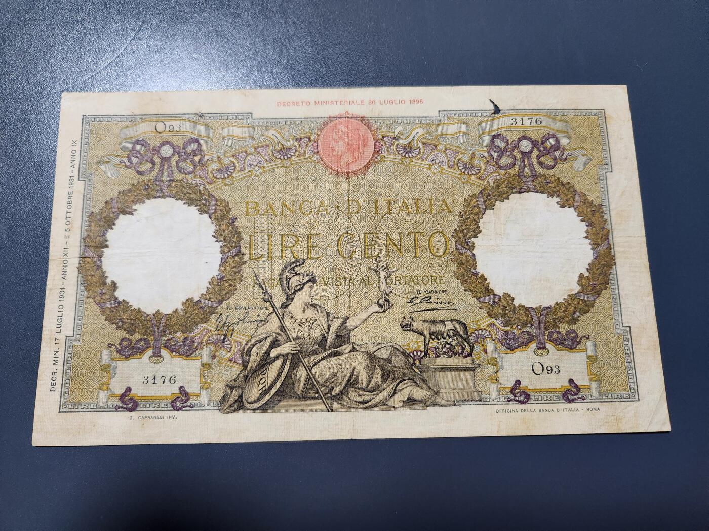 10月25号晚上8点 外国纸币自动截拍第45场 1931年意大利100里拉 原票旧品 第一版稀少