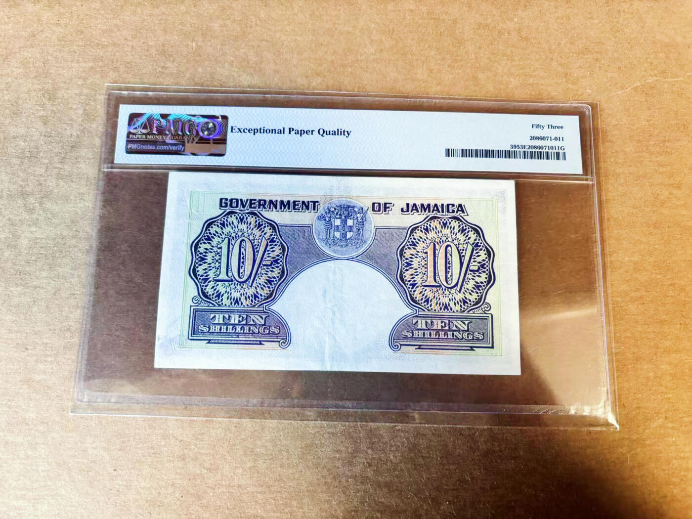 【Blue Auction】世界纸币精拍第742期——18级TOP拍卖/信誉/品质/专业/高效💫 牙买加1950-1960年10先令 英王乔六 PMG53EPQ