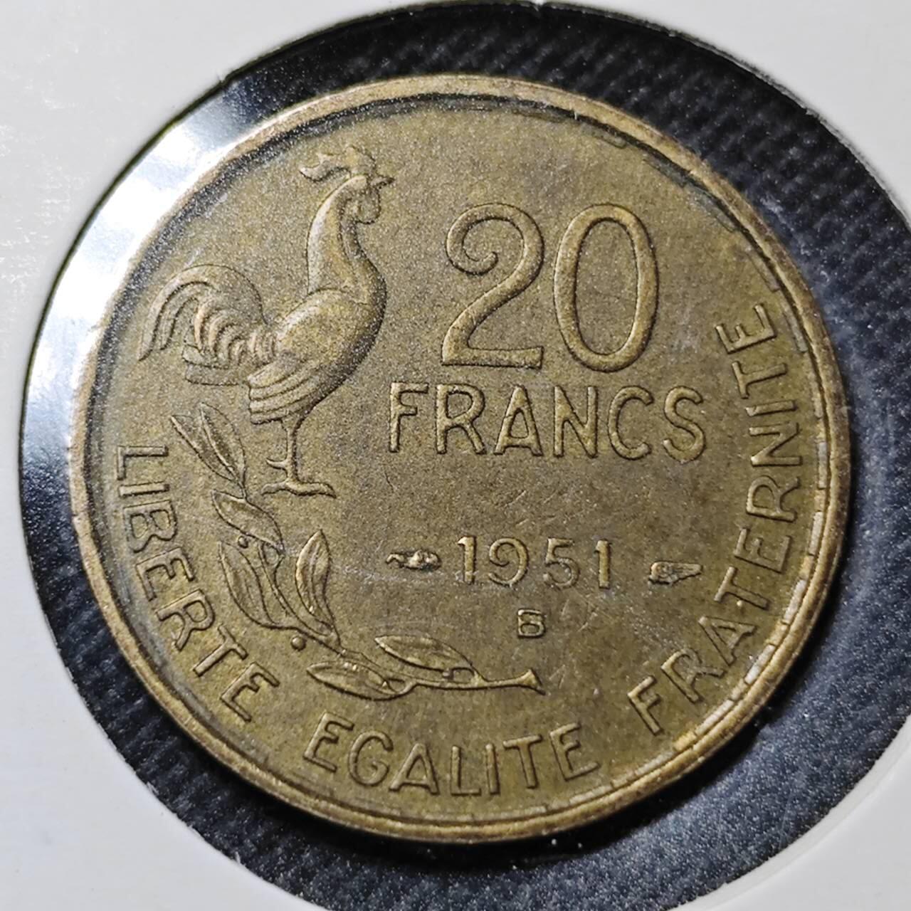 KK钱币收藏小铺  第359场  2月预留时间 周末发货  1951法国20法郎