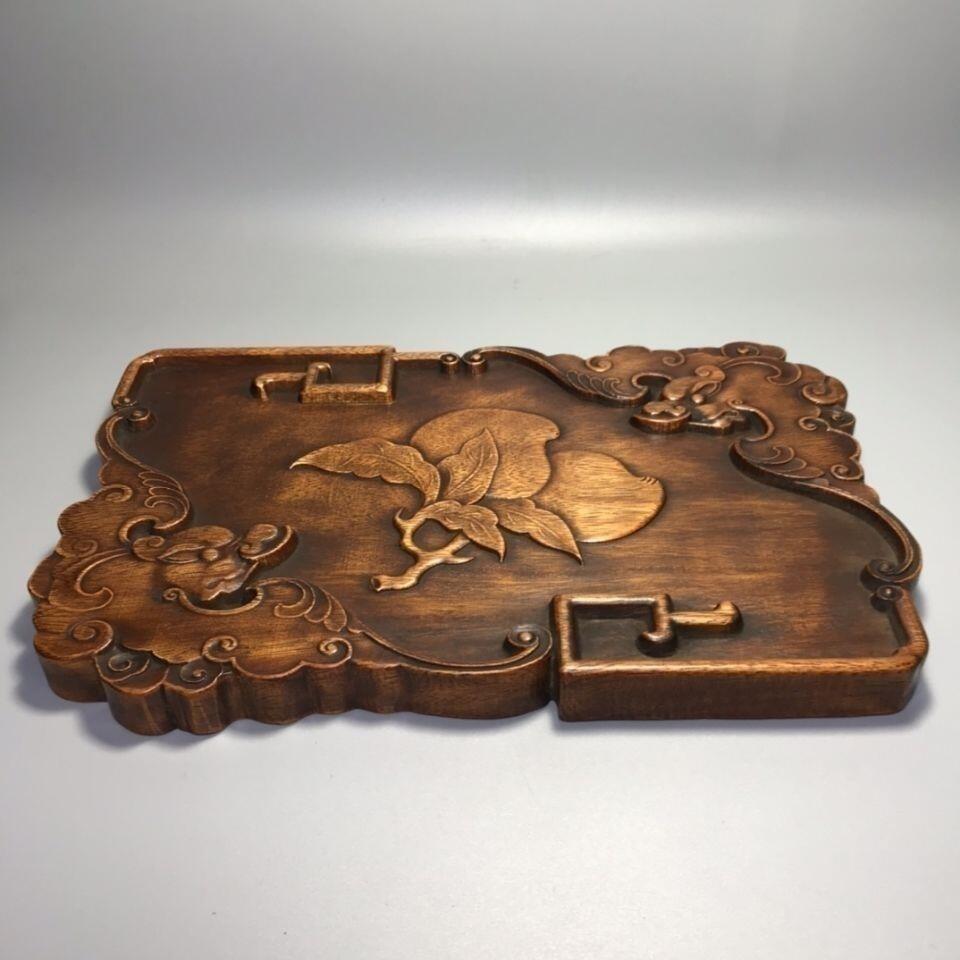 听雨轩（八） 实木旧藏 花梨木 福寿双全浮雕老木茶盘 18*30cm