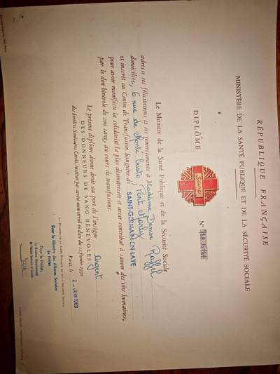 凯旋世界勋赏（第19期）（欢迎送拍）（对拍品有疑问请询问客服，不接受到手刀，出价默认拍品品相。请认真阅读拍卖规则！出价默认已认可！）（收到货请录制开箱视频，无视频概不处理问题。） - 1999年法国公共卫生与社会安全部颁发的“无偿献血荣誉文凭”，属于公益领域的官方表彰文件