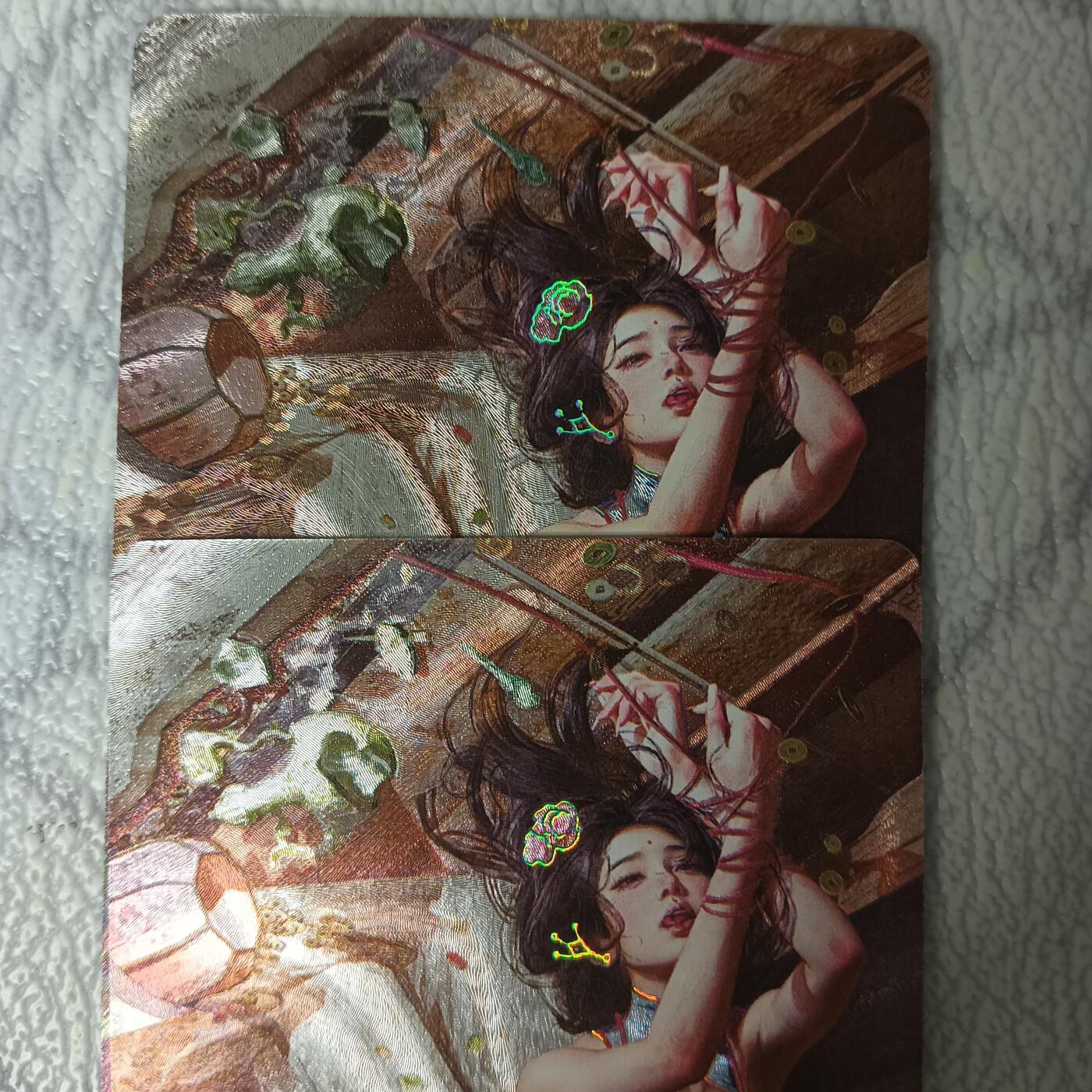 花开卡拍第44期（10月26号周日截拍，品控勿拍!!!拍品不寄存，运费5元，自制卡难免瑕疵，可能存在轻微撞角爆边等出厂瑕疵，品控介意勿拍！） 焱卡 人间传 庞春梅 幻彩粗闪2张