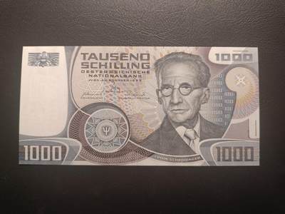 2025十月第四期，加拍第二场，总198期 - 奥地利1983版1000先令AUNC无47（图三除中折外阴影是水印），爱猫达人薛定谔和维也纳大学