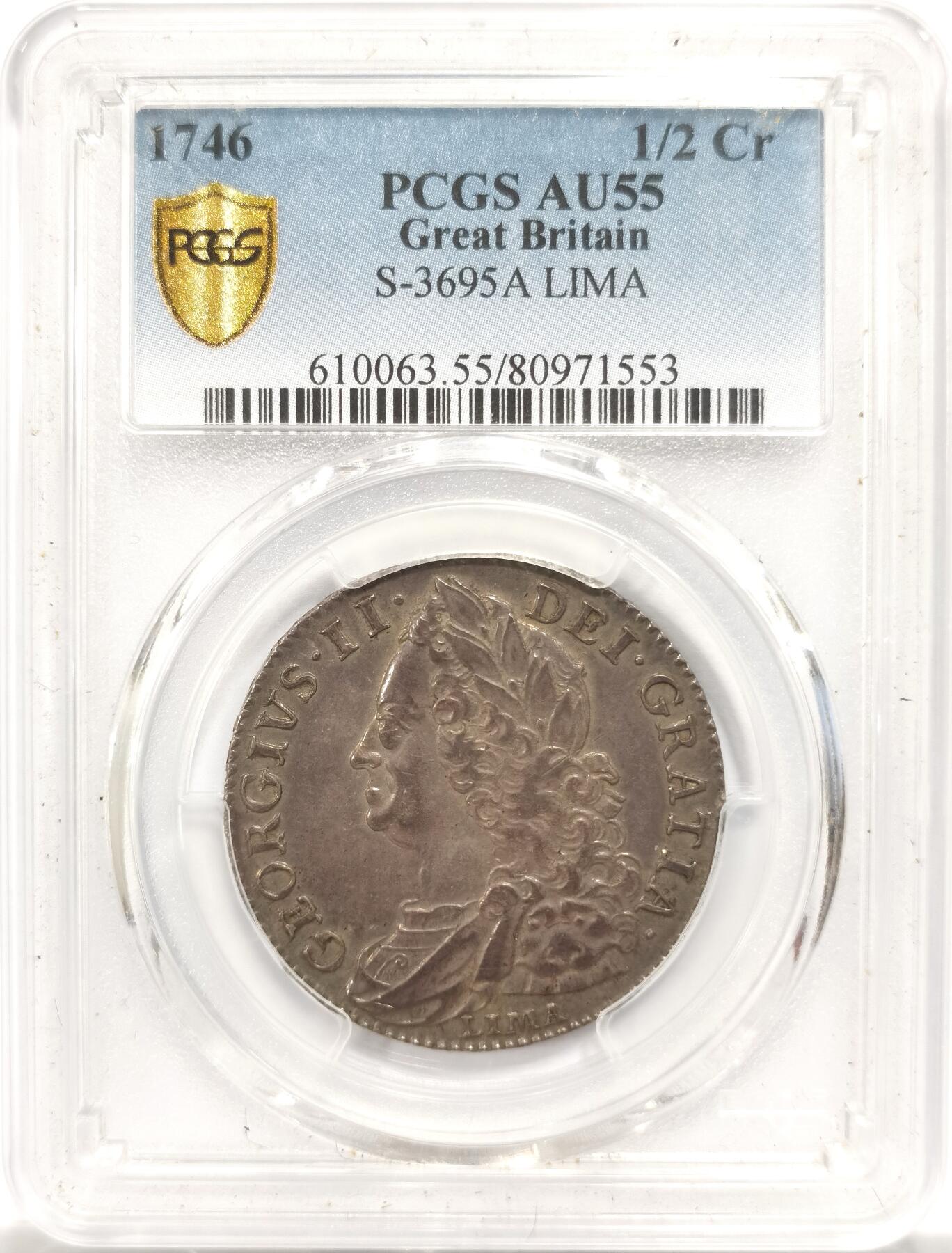 博洋堂世界钱币拍卖第144期（全场包邮） PCGS AU55 英国1746年乔二半克朗银币，整个币面均匀包覆在灰色带彩包浆下，币面光度一流，状态绝对超出同类分数。