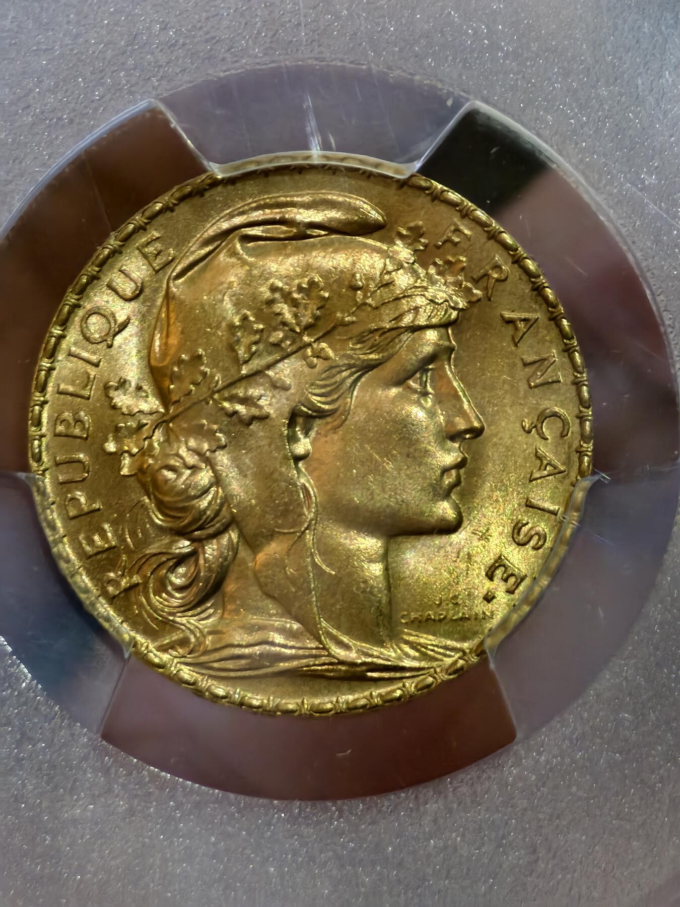 PCGS-MS67法国1911年高卢雄鸡玛丽安娜20法郎金币