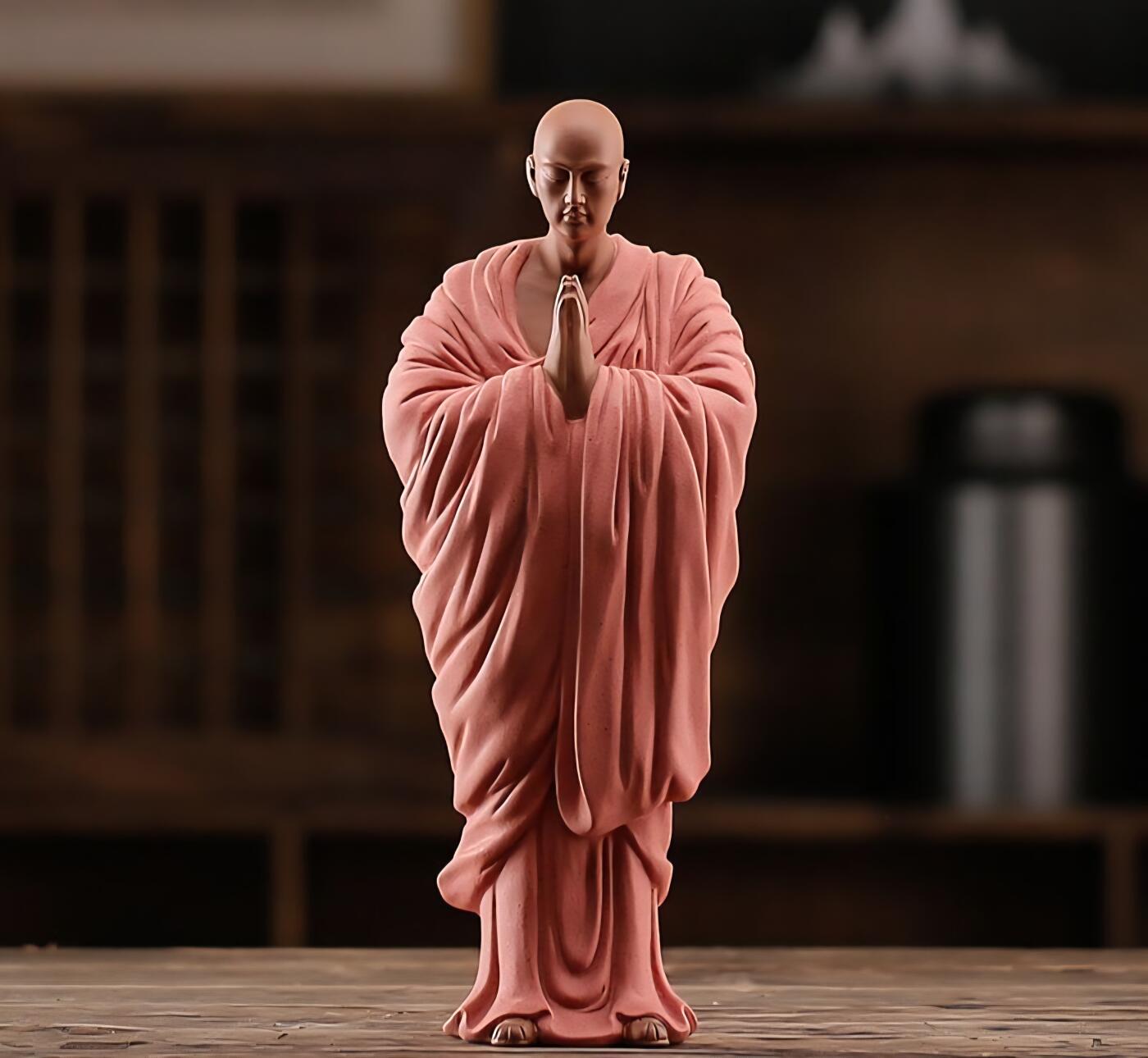 听雨轩（八） 禅意紫砂红色求道小僧摆件 五件套装