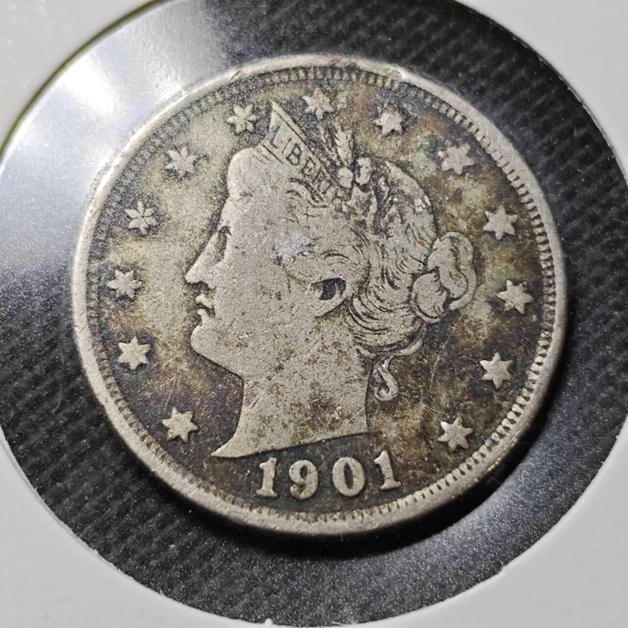 KK钱币收藏小铺  第359场  2月预留时间 周末发货  1901美国5分镍币