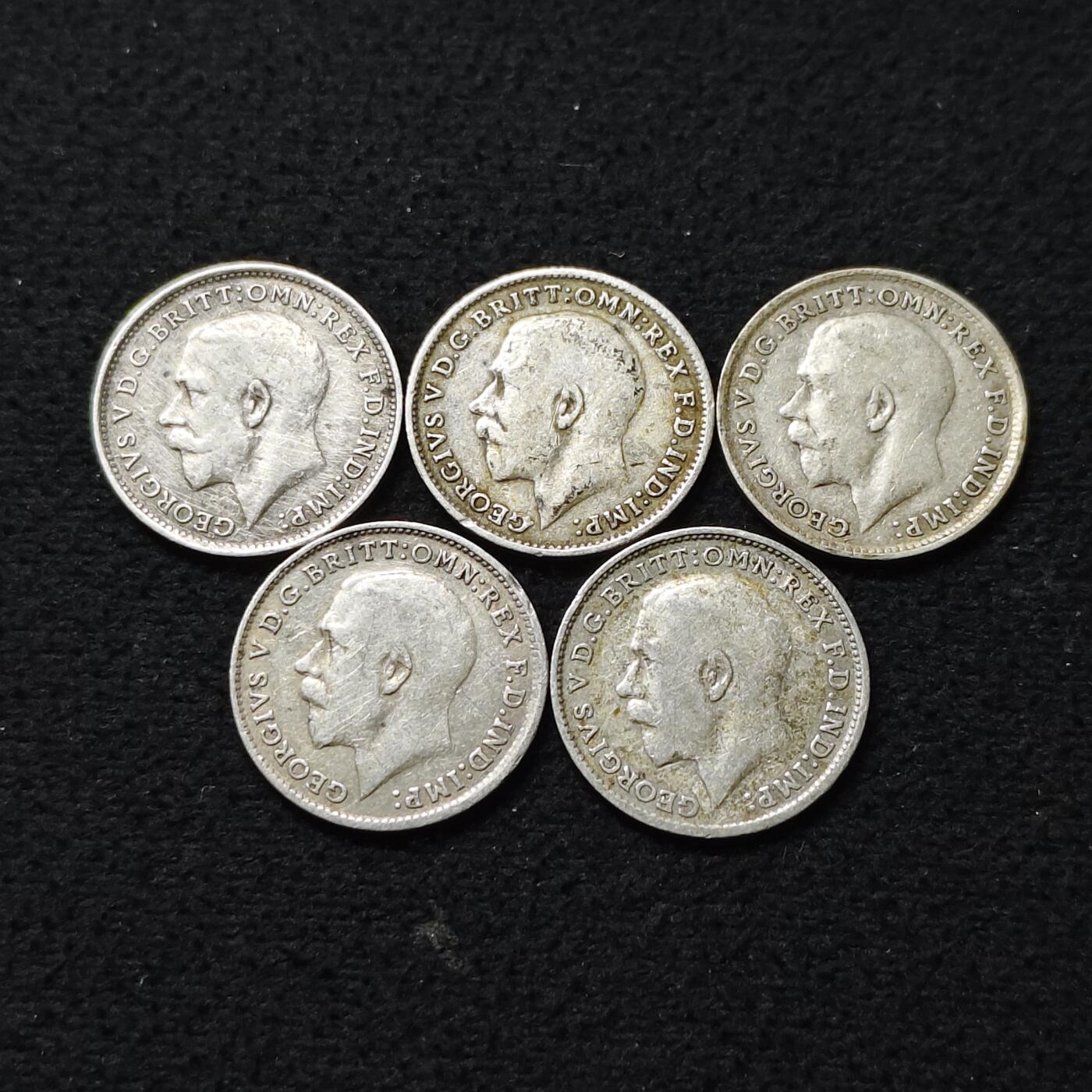 【全场包邮】纯粹捡漏拍472场（免费代拍第9场） 英国各年份乔治五世3便士银币5枚一组