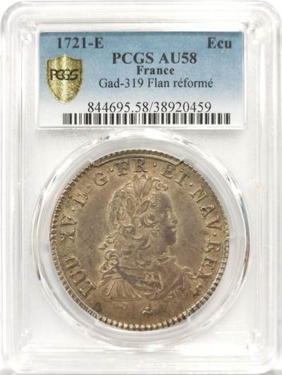 博洋堂世界钱币拍卖第144期（全场包邮） - PCGS AU58 法国1721年路易十五大银币，唯一冠军分，金彩灰包浆，所见最美状态，收藏级别