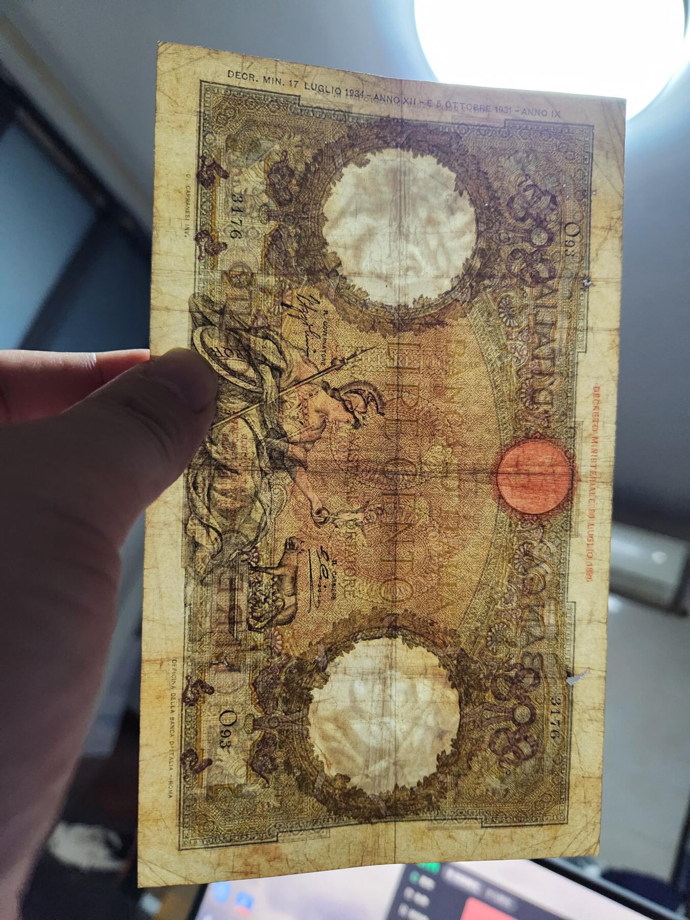 10月25号晚上8点 外国纸币自动截拍第45场 1931年意大利100里拉 原票旧品 第一版稀少