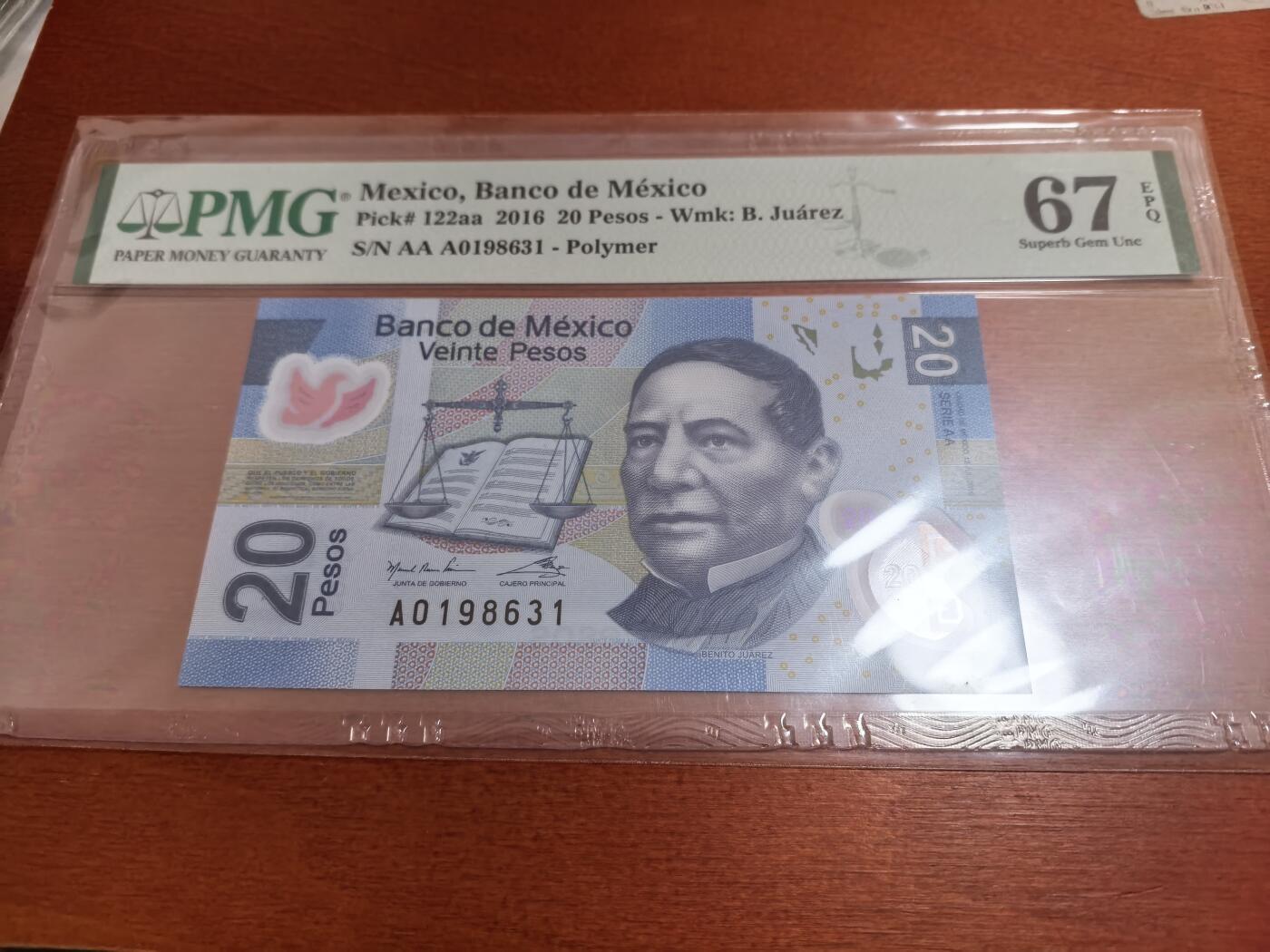 长老汇蛇年精选第六十七场拍卖 2016墨西哥20比索塑料钞，PMG 67，冠军