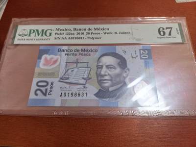 长老汇马年精选第二场拍卖 - 2016墨西哥20比索塑料钞，PMG 67，冠军