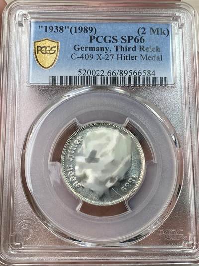 万国钱币拍卖第053期【万国秋季大拍上●周五周六两场连拍】 - PCGS SP66 1938年德国第三帝国党首像造镀银2马克币型章 非常规币目录编号X#27 顶级镜面品质（原图请私信后台或自行查询官网）
