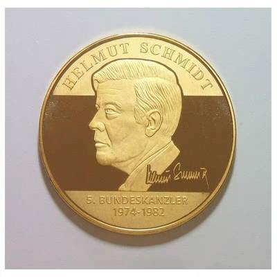 德国1982年总理施密特+鹰徽州徽高浮雕精制大镀金章 40MM - 德国1982年总理施密特+鹰徽州徽高浮雕精制大镀金章 40MM