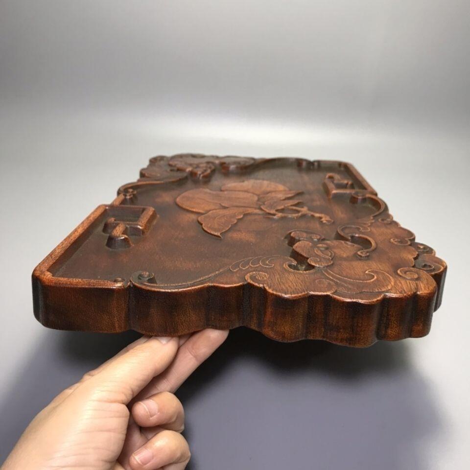 听雨轩（八） 实木旧藏 花梨木 福寿双全浮雕老木茶盘 18*30cm