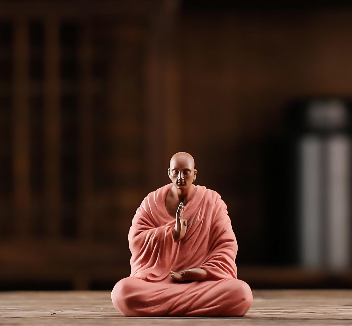 听雨轩（八） 禅意紫砂红色求道小僧摆件 五件套装