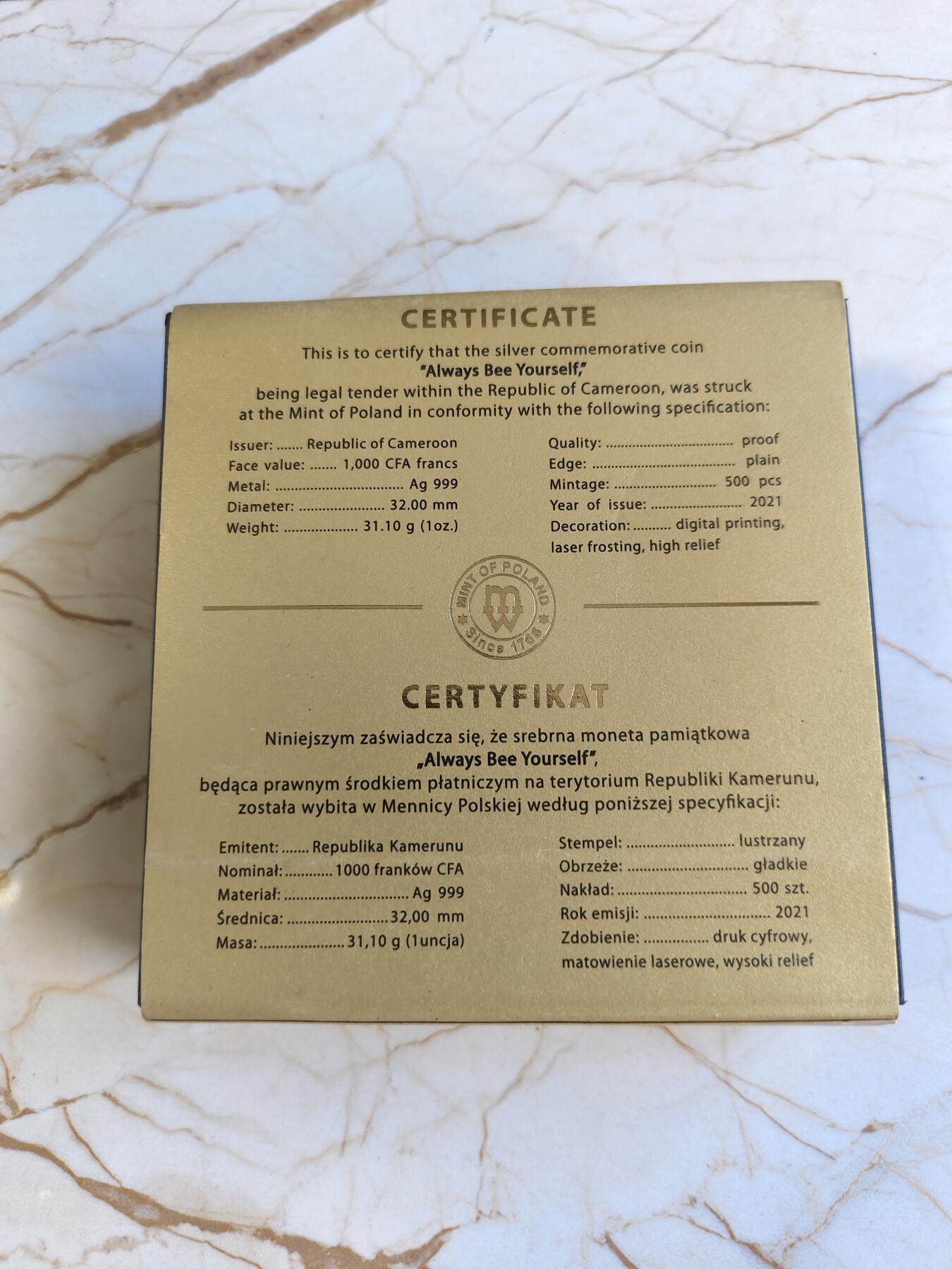第179期拍卖【长期征集拍品】 喀麦隆2021年蜜蜂蜂巢1盎司镀金精制纪念银币，999银镀金，发行500枚