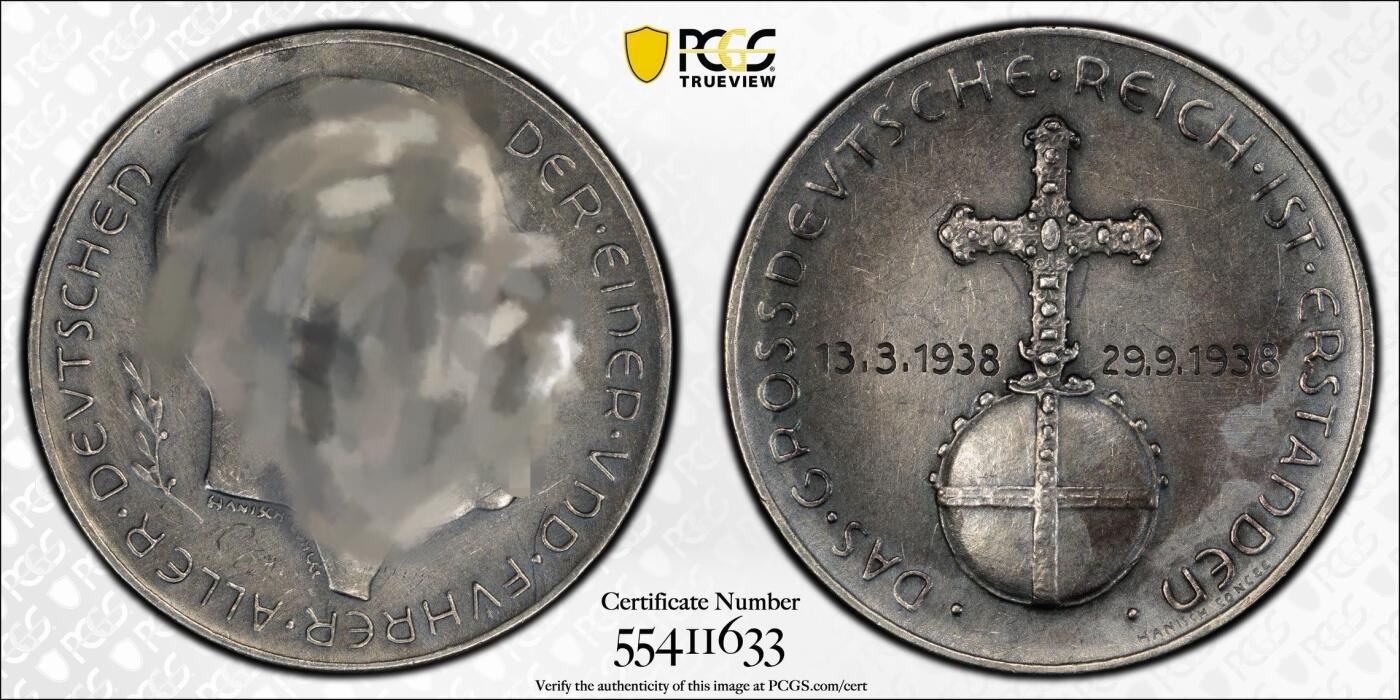 万国钱币拍卖第053期【万国秋季大拍下●周五周六两场连拍】 PCGS SP58 1938年德国民族社会主义工人党纪念吞并奥地利银章 900银天鹅绒黑彩C-114 收藏级品质（原图请私信后台或自行查询官网）