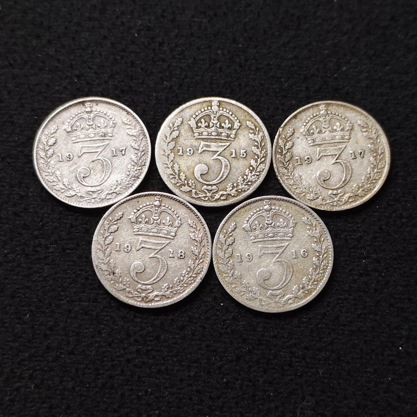 【全场包邮】纯粹捡漏拍472场（免费代拍第9场） 英国各年份乔治五世3便士银币5枚一组