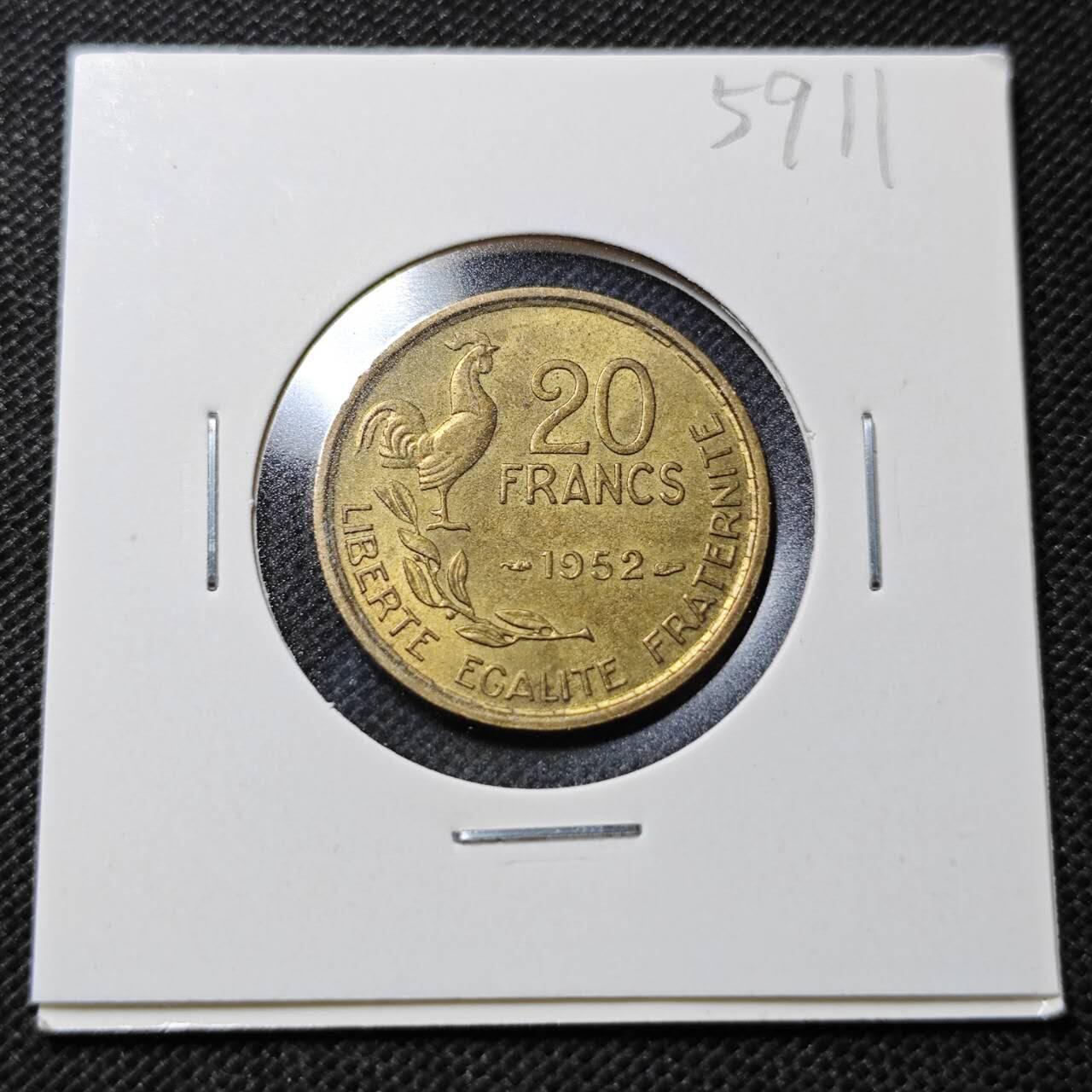 KK钱币收藏小铺  第359场  2月预留时间 周末发货 1952法国20法郎 