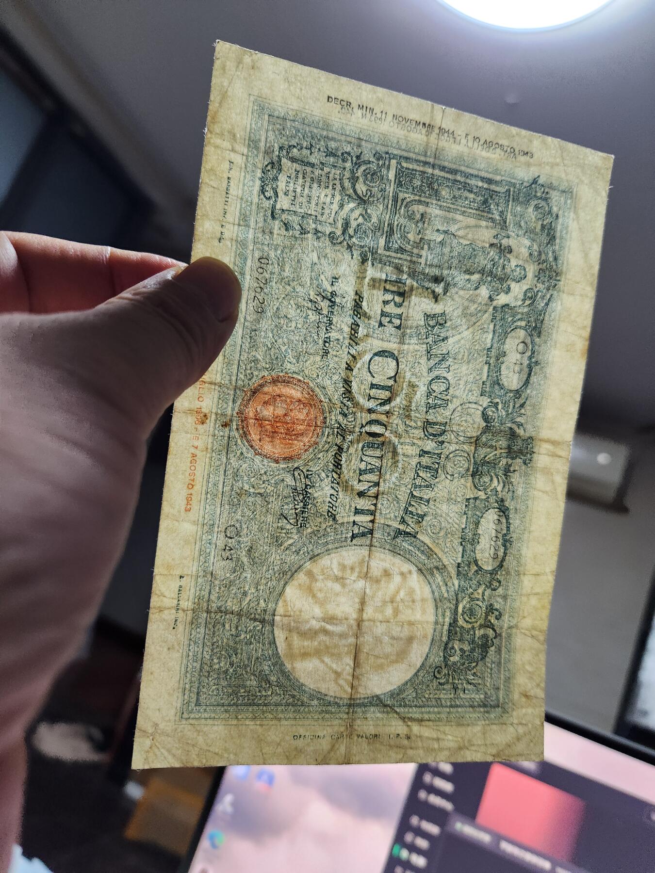 10月25号晚上8点 外国纸币自动截拍第45场 1943年意大利50里拉 原票美品 第二版稀少
