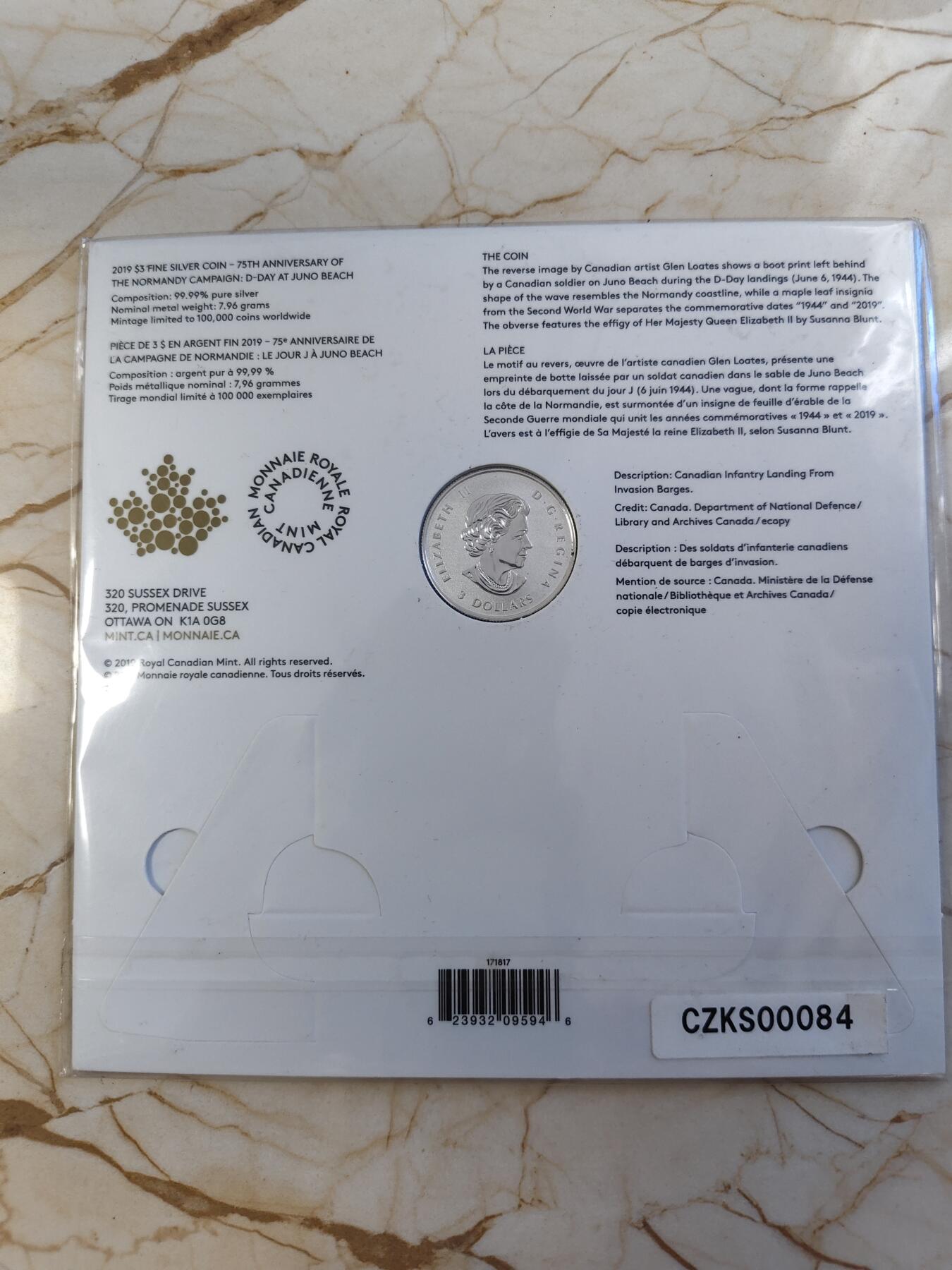 第179期拍卖【长期征集拍品】 卡装加拿大2019诺曼底登陆75周年朱诺滩战役银币，9999银，7.96克