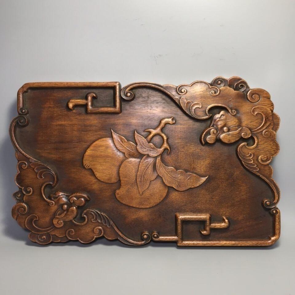 听雨轩（八） 实木旧藏 花梨木 福寿双全浮雕老木茶盘 18*30cm