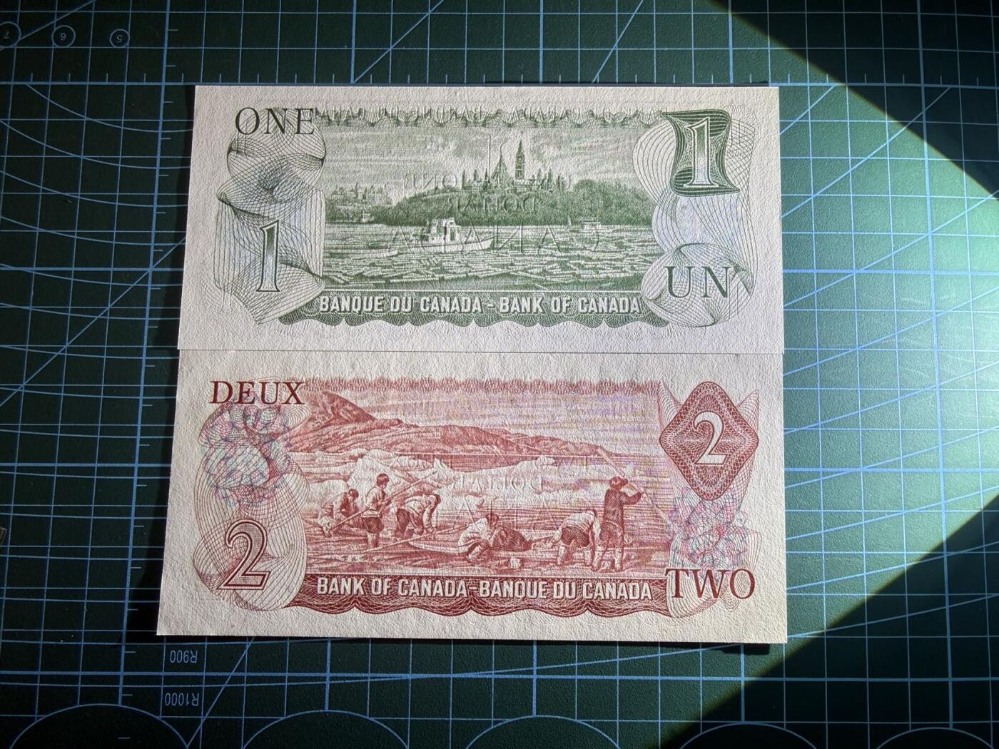 【炜奕收藏】，第四十九期，多套加拿大纸币、港澳靓号 1974年加拿大1&2元，UNC品相，包含一张无47