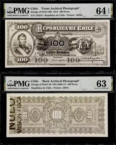 【Blue Auction】世界纸币精拍第742期——18级TOP拍卖/信誉/品质/专业/高效💫 - 【正背面财政部留档印样一对】智利1913年100比索 国父贝尔纳多·奥希金斯·里克尔梅与其纪念碑 PMG63/64EPQ（原版P-26无实钞记录，样钞也仅4张）