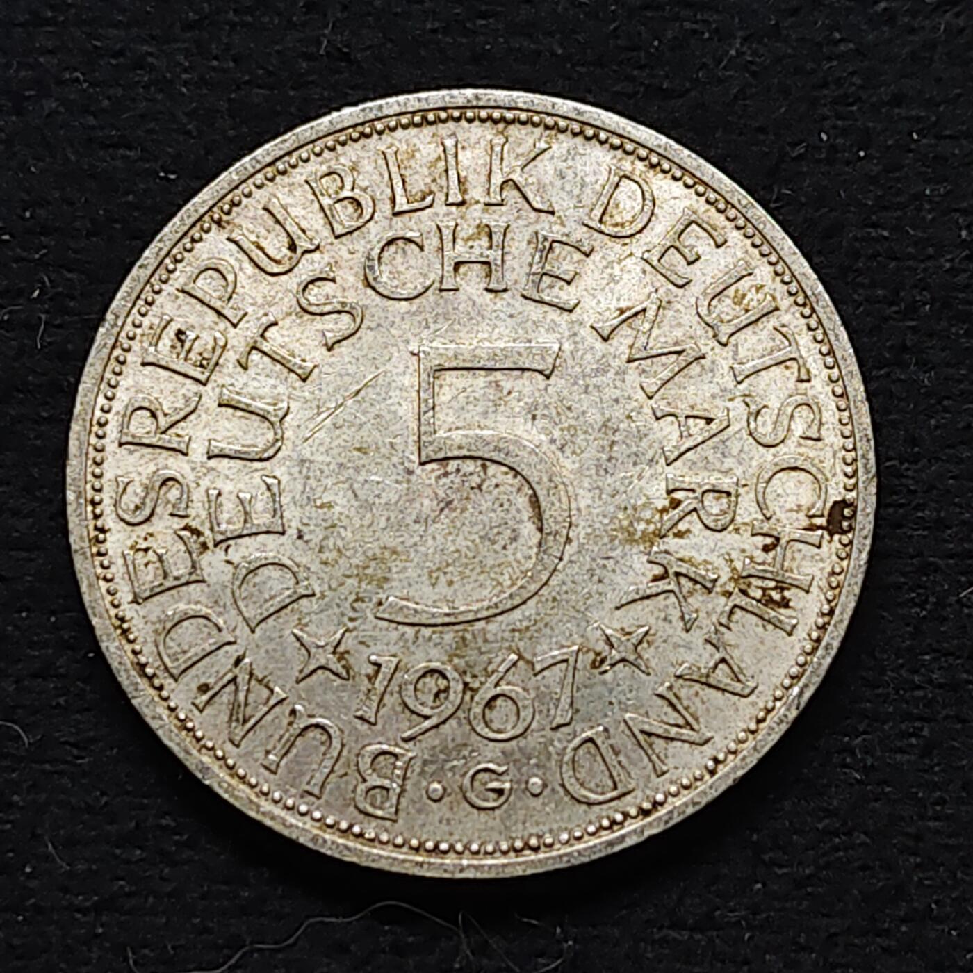 【全场包邮】纯粹捡漏拍472场（免费代拍第9场） 德国联邦德国1967年G厂5马克银币