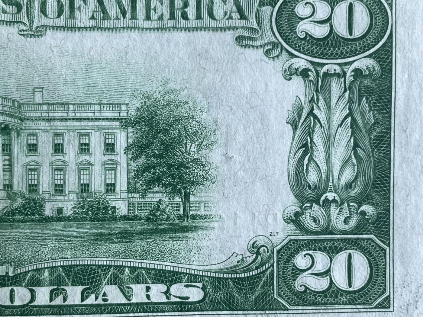 美国1934年20美元 LGS版本  纽约分行发行 上边缘白边处有折痕 AU品相