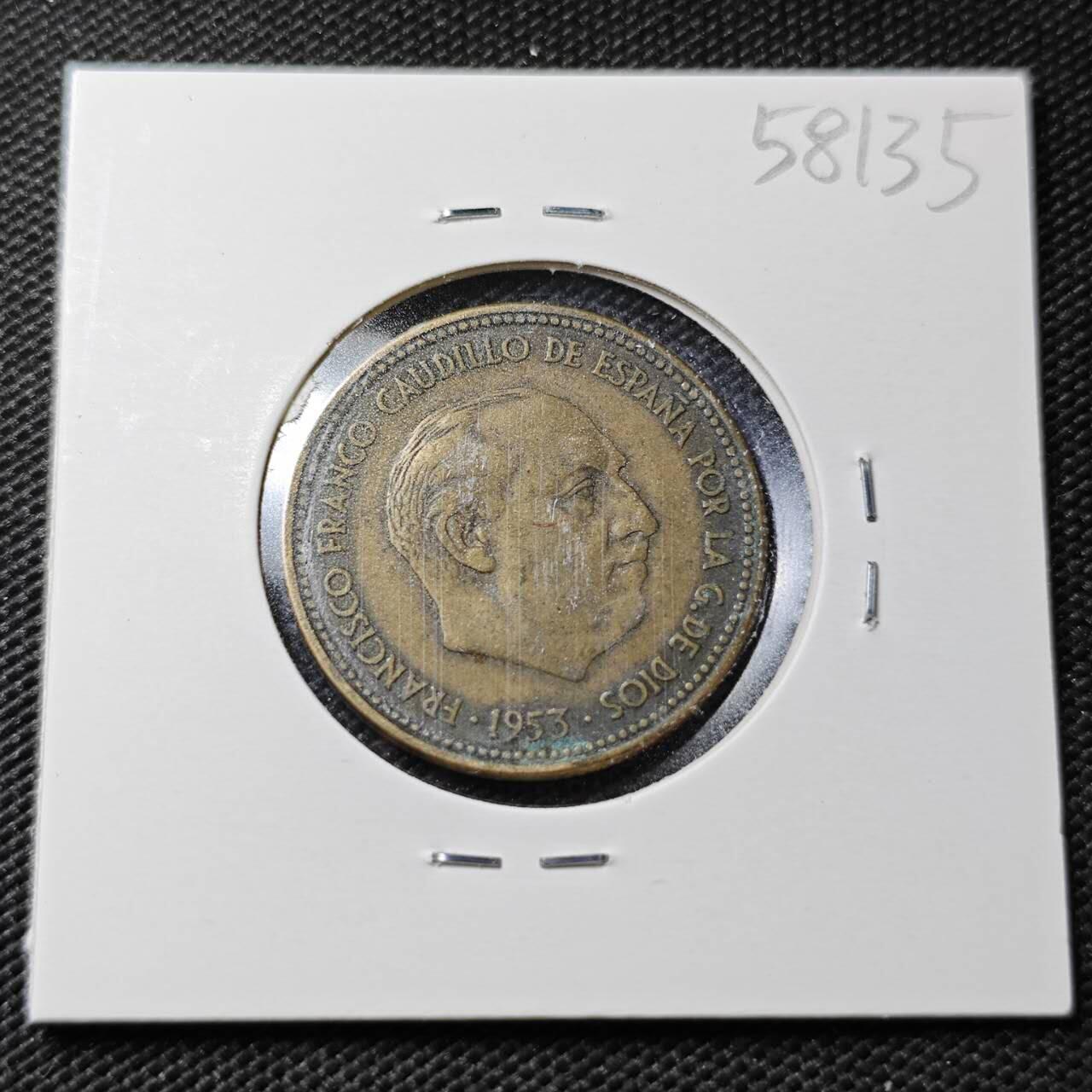 KK钱币收藏小铺  第358场  2月预留时间 周末发货  1953西班牙2.5比塞塔铜币