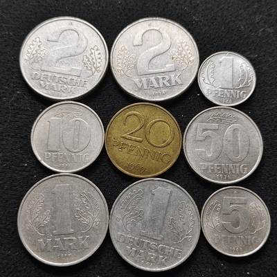 【全场包邮】纯粹捡漏拍472场（免费代拍第9场） - 德国民主德国各年份9枚大全套-1+2马克为不同版本