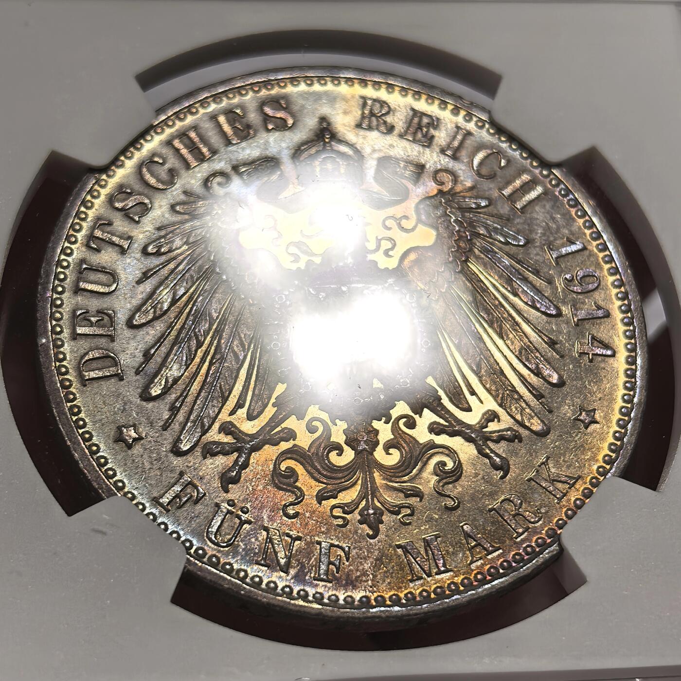 博洋堂世界钱币拍卖第144期（全场包邮） NGC MS63 德国巴伐利亚1914年路德维希三世流通5马克银币，炫彩包浆！