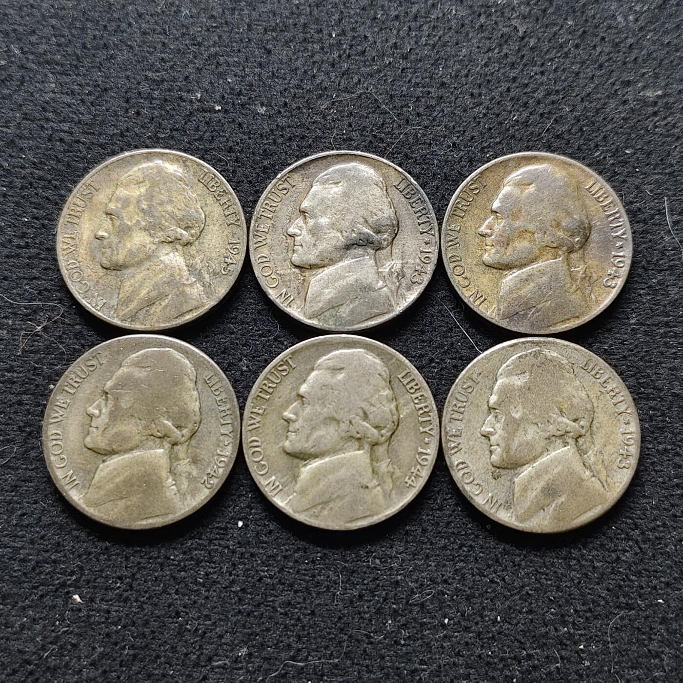 【全场包邮】纯粹捡漏拍472场（免费代拍第9场） 美国1942-1944年杰弗逊5分银币6枚一组