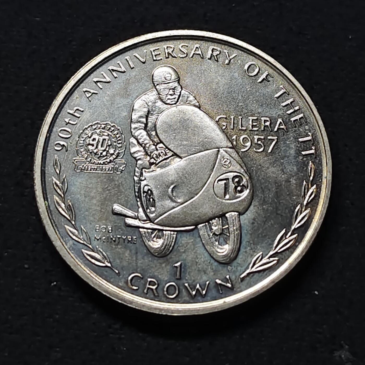 【全场包邮】纯粹捡漏拍472场（免费代拍第9场） 马恩岛1997年1克朗世界旅行者杯摩托车赛90周年系列鲍勃·麦金泰尔克朗型纪念币