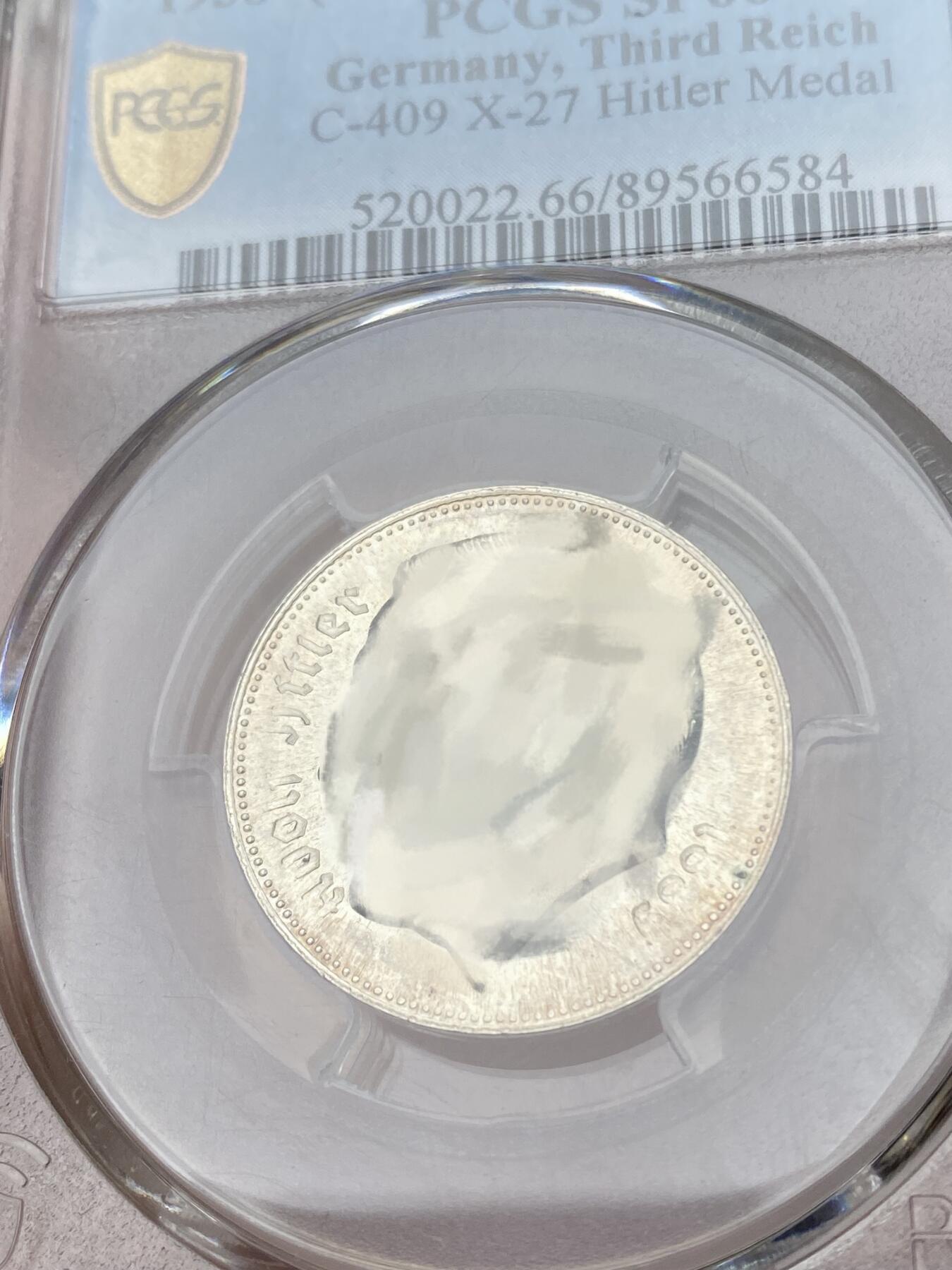 万国钱币拍卖第053期【万国秋季大拍上●周五周六两场连拍】 PCGS SP66 1938年德国第三帝国党首像造镀银2马克币型章 非常规币目录编号X#27 顶级镜面品质（原图请私信后台或自行查询官网）