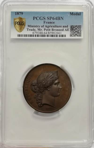 博洋堂世界钱币拍卖第144期（全场包邮） - PCGS SP64 冠军分！法国1879年颁发的贸易与农业世博会纪念巨大铜章，50mm尺寸，玛丽安奴高浮雕女神款！P盒加大盒子成本就880！巨大款尺寸币章能上MS的不易！