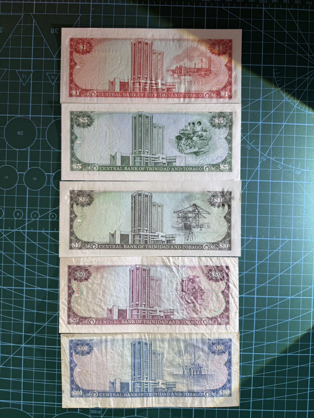 【炜奕收藏】，第四十九期，多套加拿大纸币、港澳靓号 1985年特立尼达和多巴哥1-100元一套，1-2为UNC品相，5为UNC-品相有黄斑，20-100为XF品相，少见币种