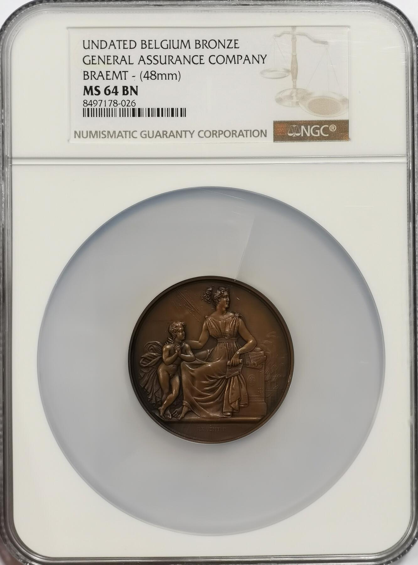 博洋堂世界钱币拍卖第144期（全场包邮） NGC MS64 冠军分！比利时1890年左右担保社团纪念巨大铜章，48mm加大盒子，盒子费就要300。女神与天使保障人民经典构图。内衬有一丝裂纹