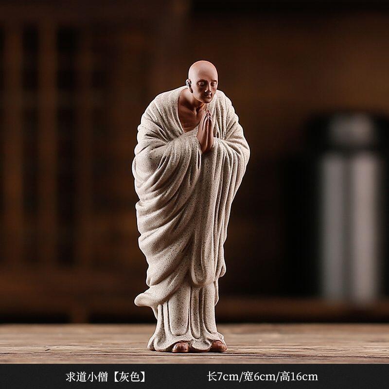 听雨轩（八） 禅意紫砂灰色求道小僧摆件 7*6*16cm