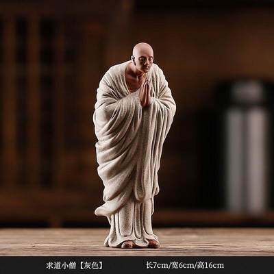 听雨轩（八） - 禅意紫砂灰色求道小僧摆件 7*6*16cm