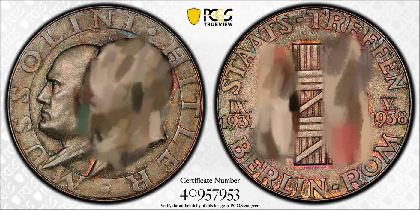 万国钱币拍卖第053期【万国秋季大拍下●周五周六两场连拍】 PCGS SP64 1938年德国民族社会工人党党魁和墨索里尼互访首都纪念银章 双方在会面后组成著名的“钢铁同盟”原味磨砂五彩 顶级品相 （原图请私信后台或自行查询官网）